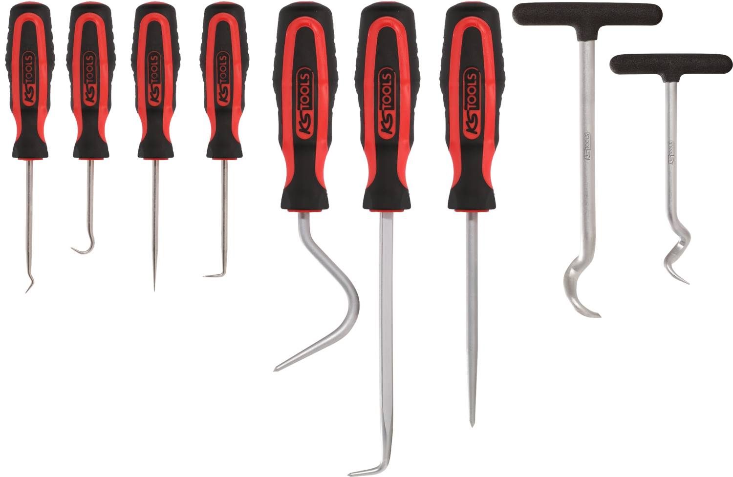 Ensemble de huit outils à crochet avec poignées noires et accents rouges, idéal pour les travaux mécaniques ou les travaux de précision.