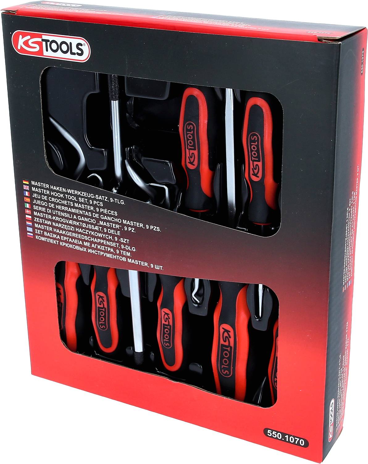 Un emballage contenant un ensemble de cinq tournevis noirs et rouges, portant la mention 'KS Tools' bien visible à travers une fenêtre transparente.