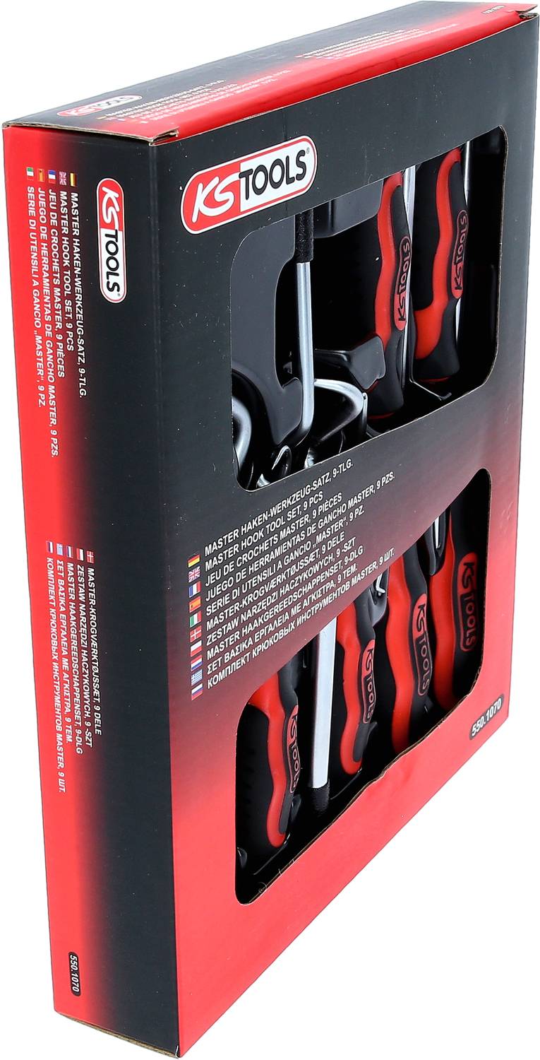 Un emballage pour un ensemble de tournevis de la marque KS Tools. La boîte présente plusieurs tournevis avec des poignées rouges.