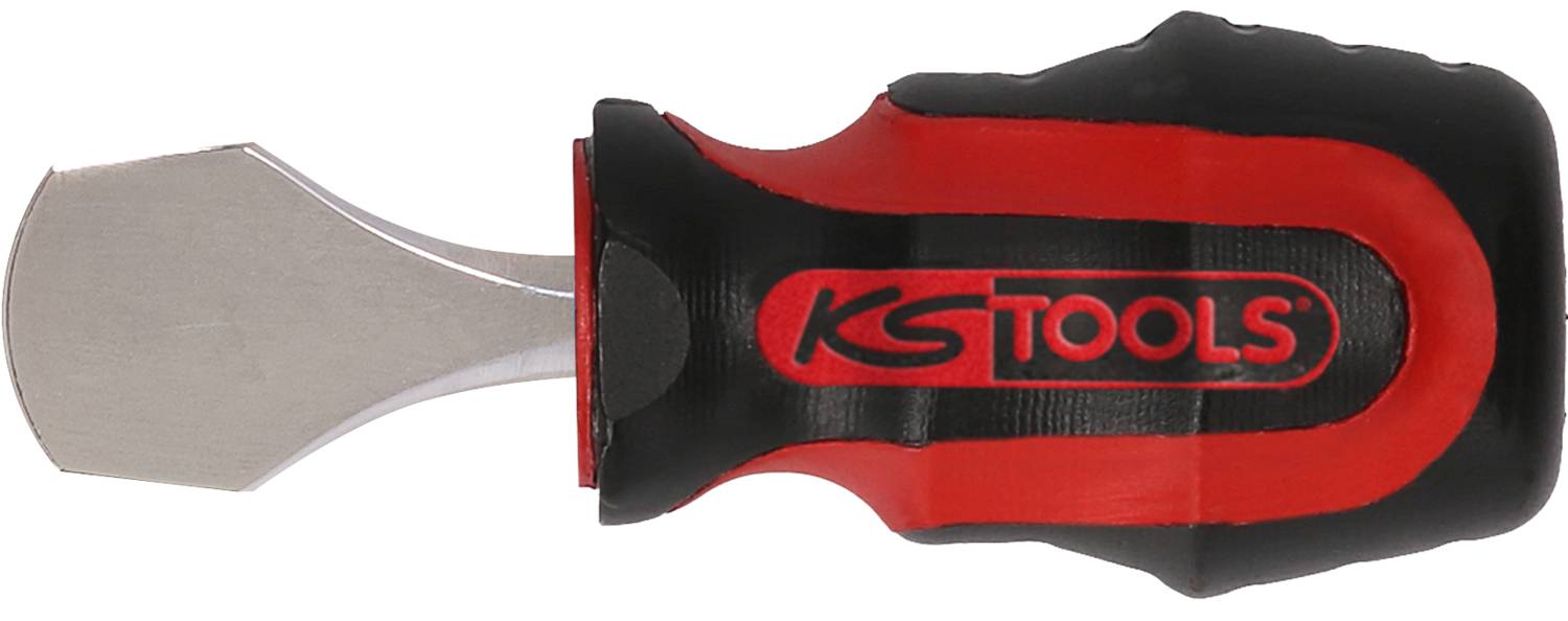 Une poignée de tournevis compacte avec une lame métallique plate, munie d'une poignée en caoutchouc rouge et noir, marquée 'KS Tools'.