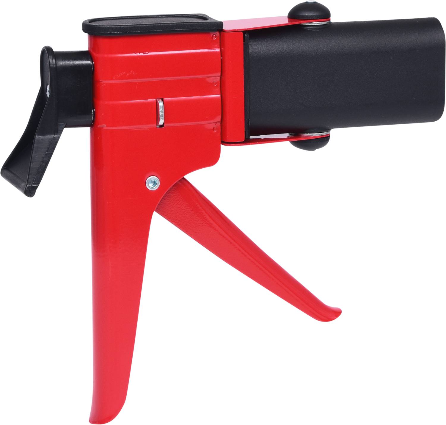 Pistolet à extruder rouge avec poignée noire, vue latérale. Outil de dosage pour mastics ou adhésifs.