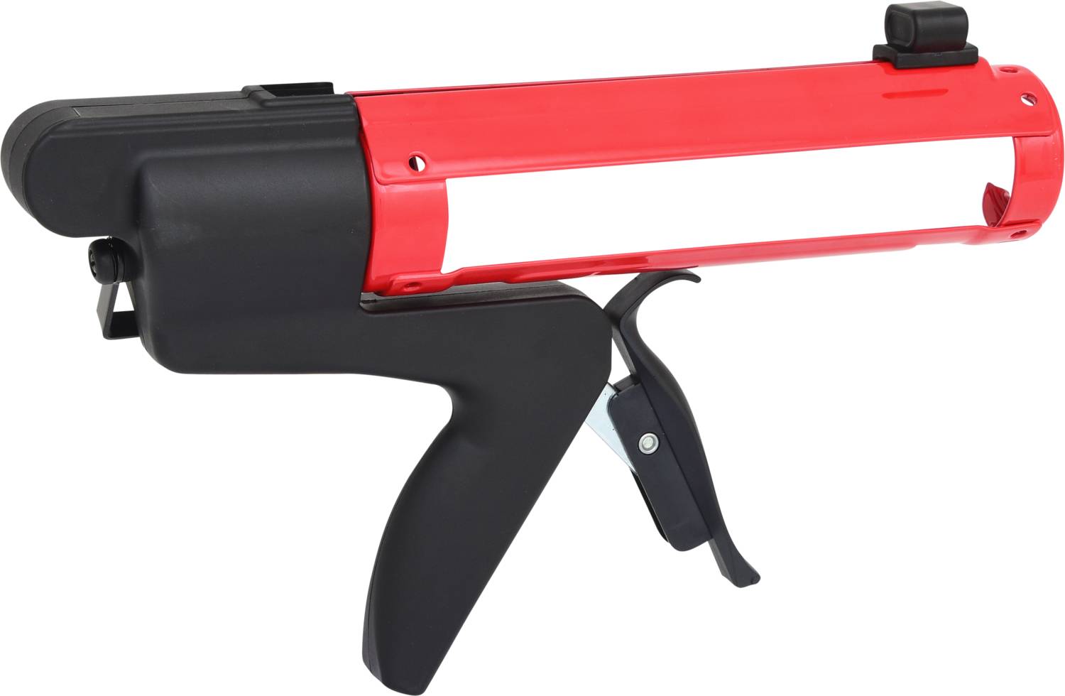 Pistolet à cartouche manuel à corps rouge et poignée noire, utilisé pour l'application de mastics ou d'adhésifs.
