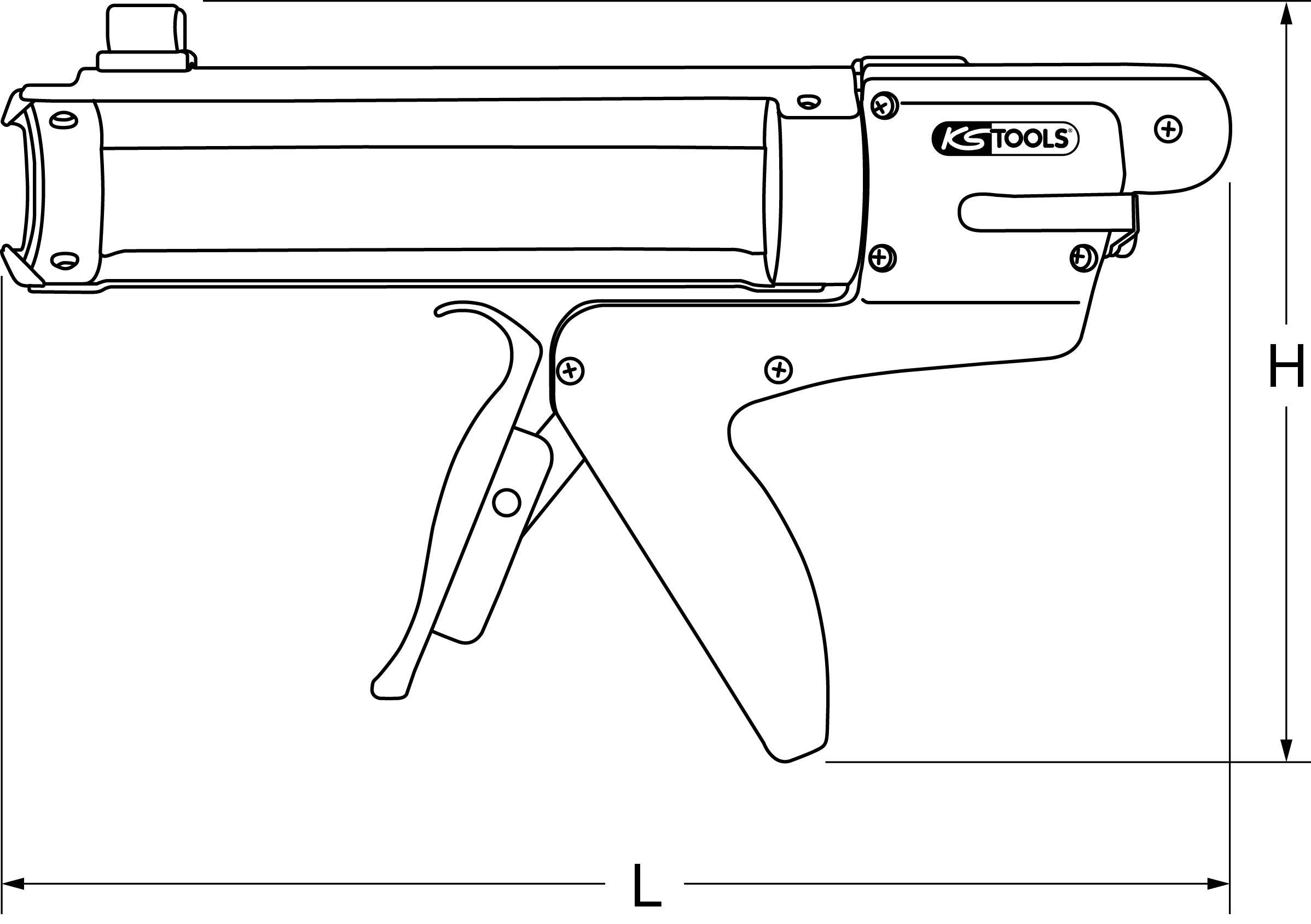 'Dessin d'une presse à cartouche avec poignée et levier de déclenchement de KS Tools. Les dimensions H et L sont indiquées.'