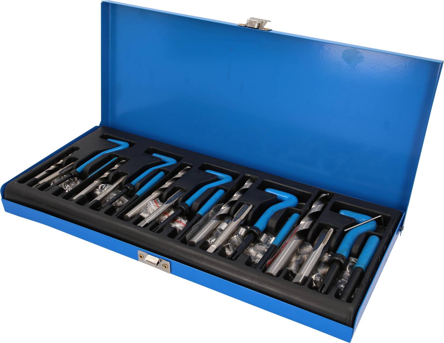 Une boîte à outils bleue ouverte révèle plusieurs clés Allen, outils et accessoires dans des emplacements personnalisés.