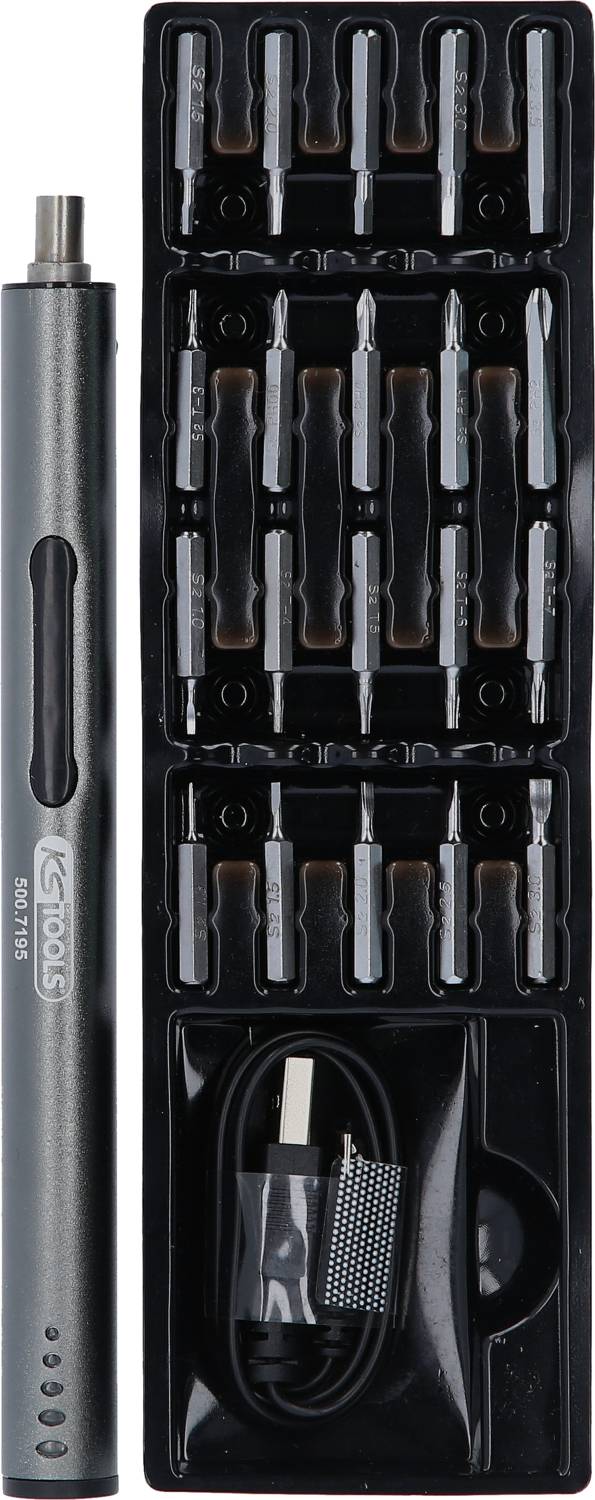 Tournevis électrique avec différents embouts et câble USB dans un boîtier noir.