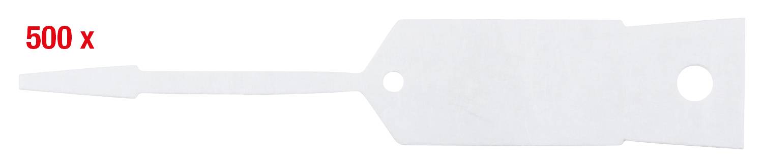 Une étiquette blanche en plastique avec un trou, empilée par lot de 500 pièces. À gauche est inscrit le nombre rouge '500 x'.