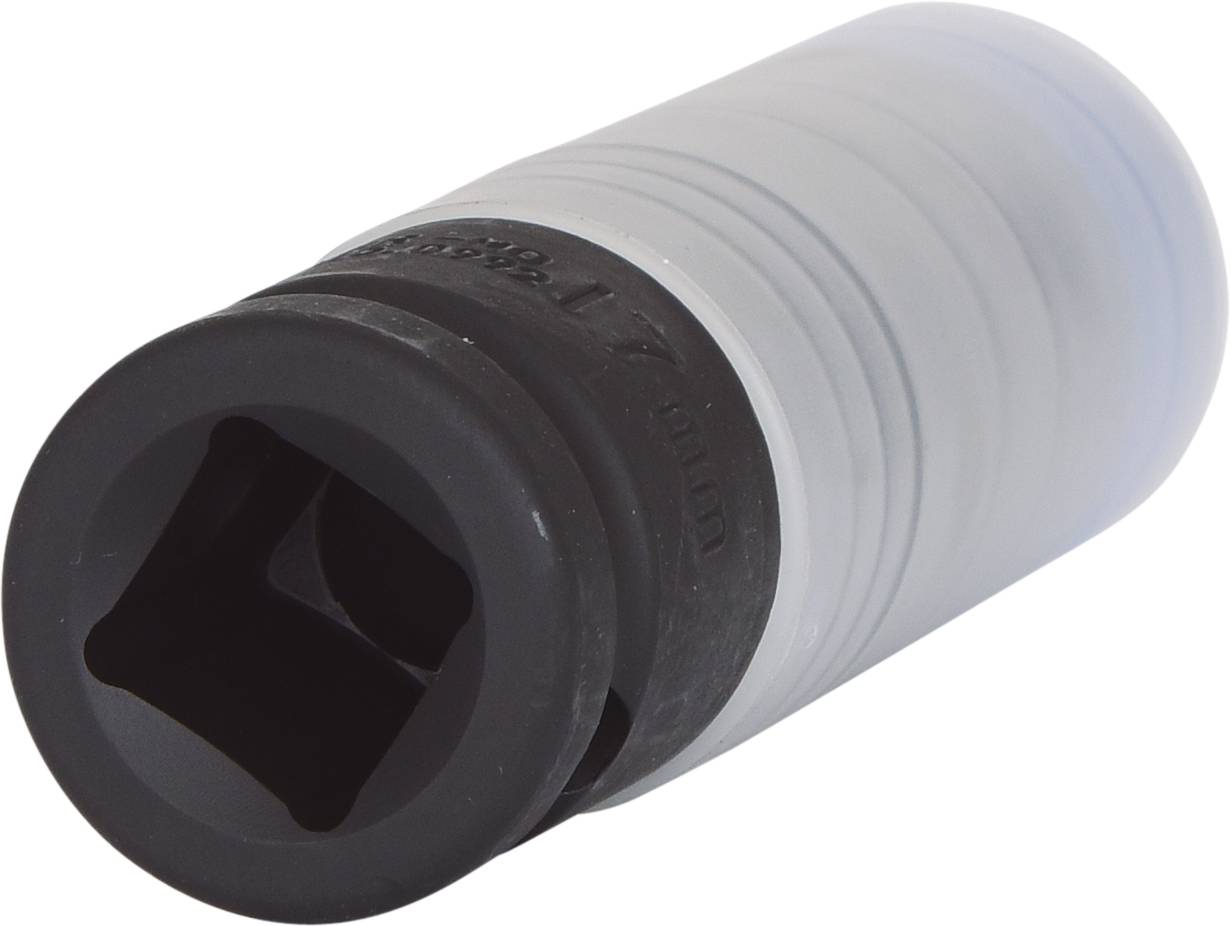 Clé à cliquet en argent avec capuchon noir en plastique et ouverture carrée. Utilisée pour desserrer les écrous.