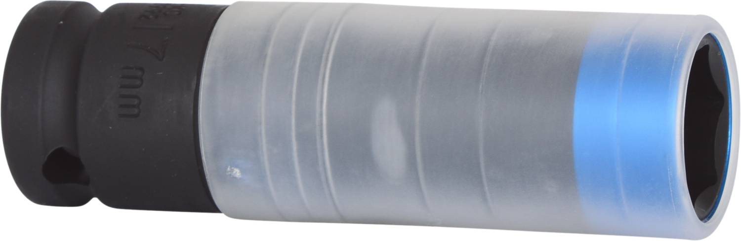 Clé à douille avec bordure noire et bleue, forme cylindrique, adaptée aux voitures ou aux machines.