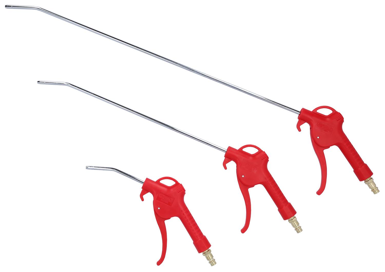 Trois pistolets pneumatiques rouges avec des buses de longueurs différentes, disposés du plus grand au plus petit, sur un fond blanc.