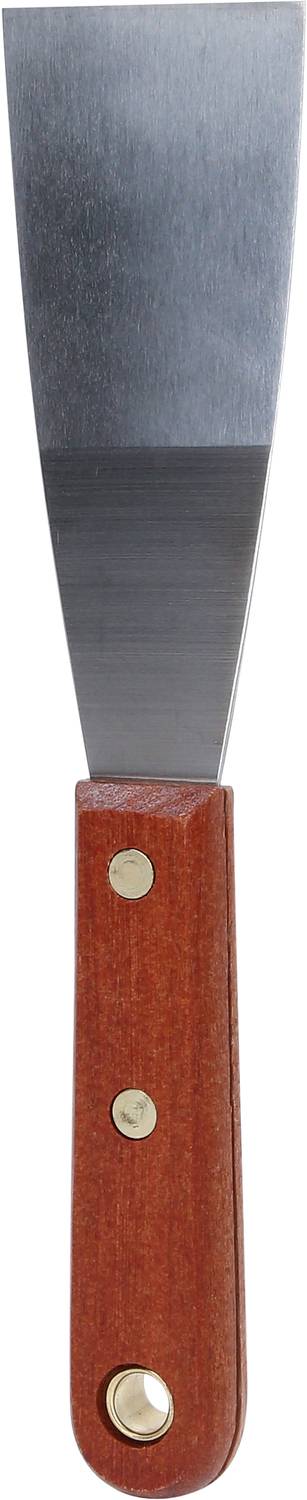 Spatule de cuisine avec manche en bois et lame en métal, adaptée pour retourner les aliments dans la poêle.
