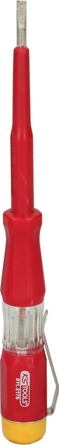 Testeur de tension rouge avec poignée transparente et clip métallique sur le côté.