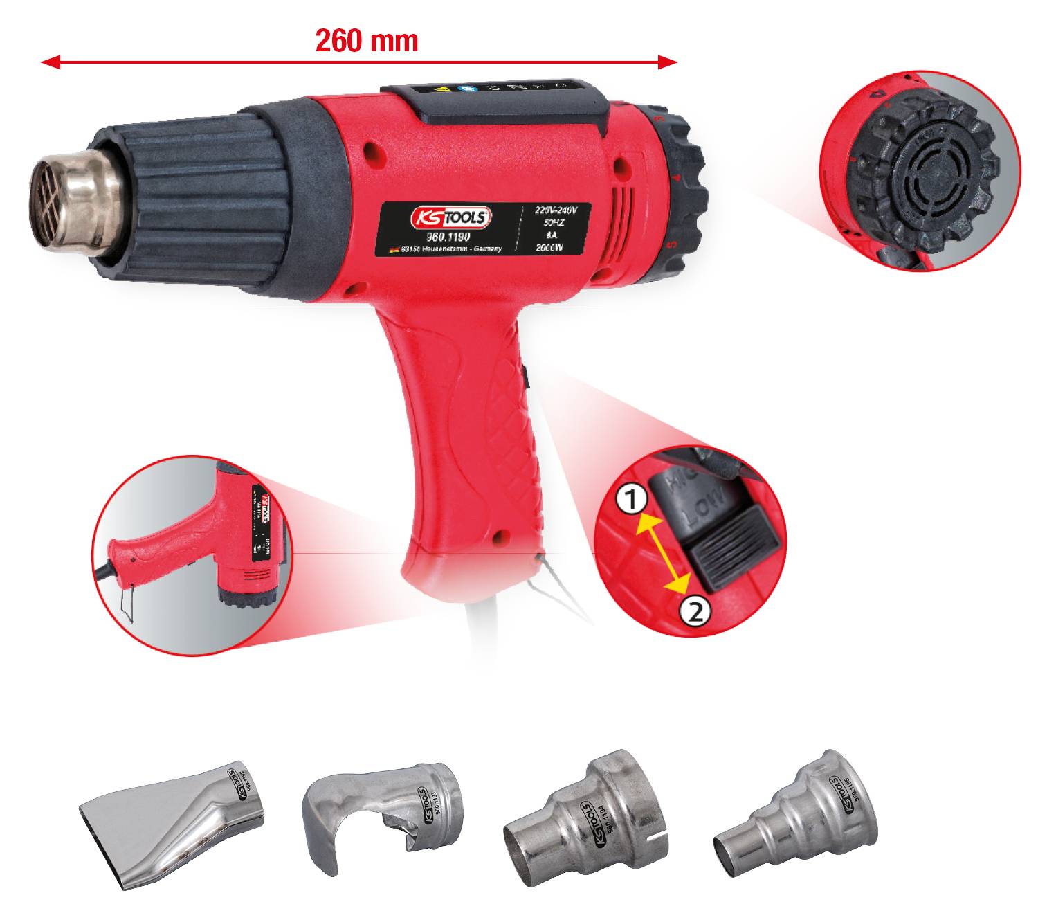 Un pistolet à air chaud rouge de 260 mm de long, doté de différentes buses et réglages de température pour une application précise.