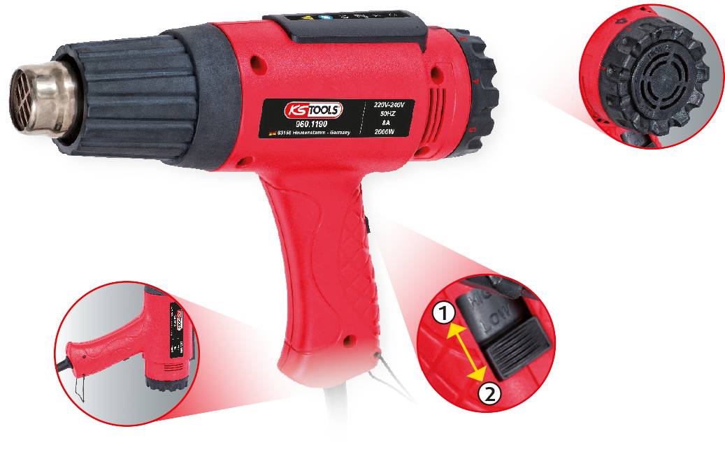 Pistolet à air chaud en rouge, des images détaillées montrent les réglages de température et de débit d'air. Fonction principale : réchauffage de surface.