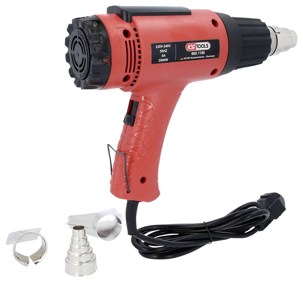 Un sèche-cheveux thermique rouge avec accessoires et câble d'alimentation, adapté pour des travaux tels que le rétrécissement, le séchage ou le décapage de peinture.