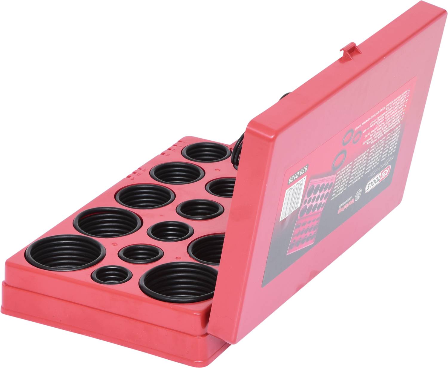 Un ensemble rouge avec des joints toriques ouverts de différentes tailles, soigneusement rangés dans un boîtier.