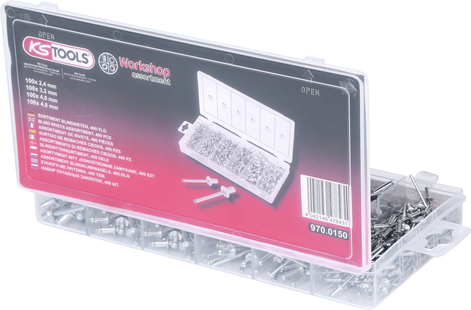 Boîte en plastique avec vis et ensemble de chevilles. La boîte comporte des compartiments transparents et des étiquettes extérieures. Les informations de marque et d'article sont imprimées.