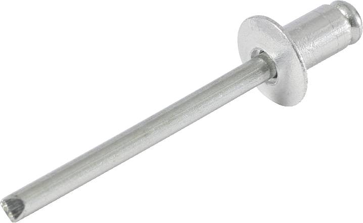 Rivet aveugle métallique à tige allongée et tête plate, utilisé pour assembler des matériaux sans accès à l'arrière.