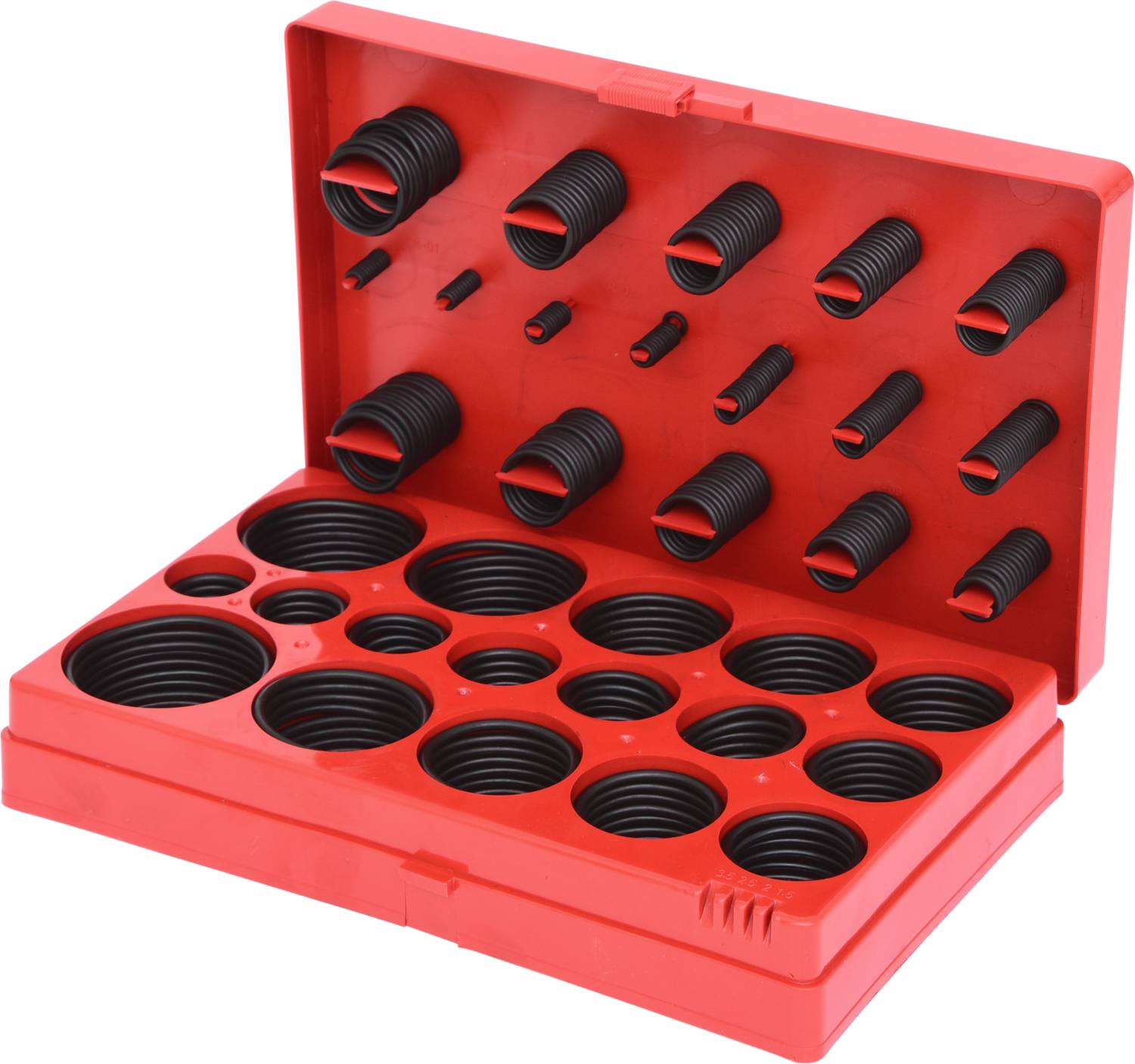 Boîte rouge contenant différents joints toriques noirs de tailles variées, disposés en rangées et en colonnes.