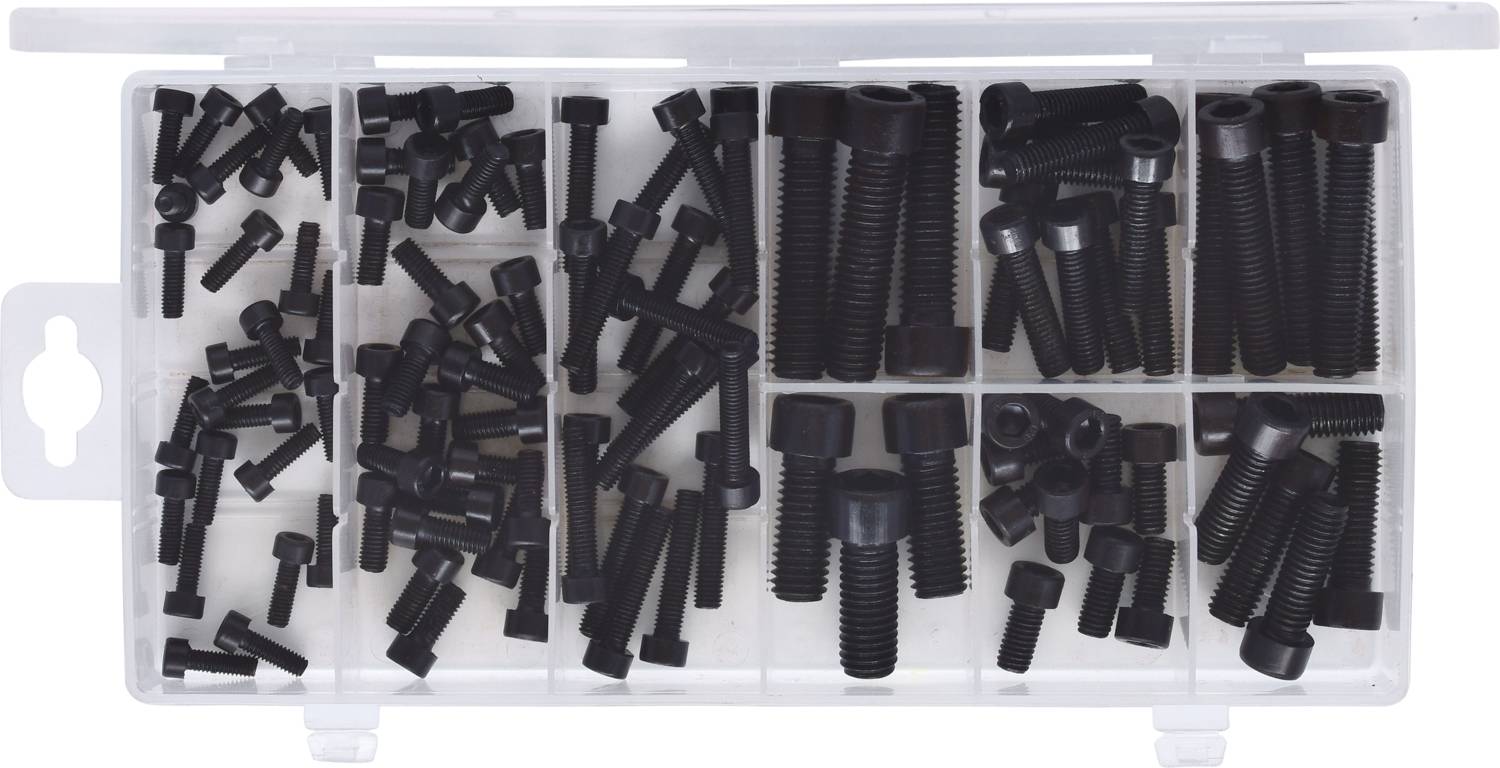 Différentes vis noires rangées de manière organisée selon leur taille et leur type dans un boîtier en plastique transparent à six compartiments.