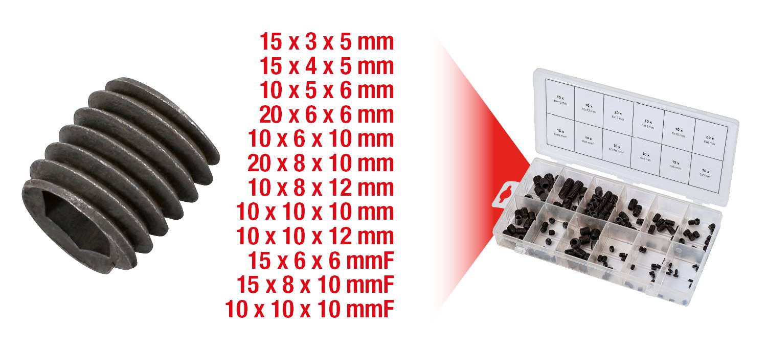 Sur l'image, on voit une mère d'extraction à côté d'une boîte de rangement ouverte contenant différentes vis. Les dimensions sont listées.