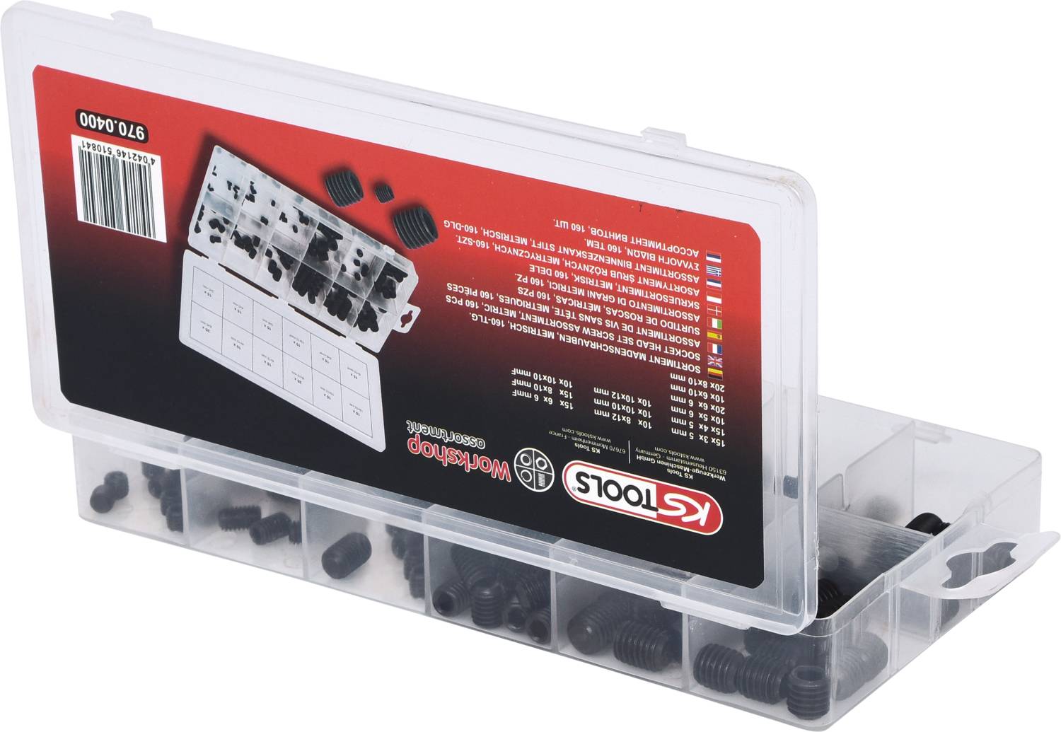 Boîte en plastique contenant un grand nombre de vis noires de différentes tailles.
