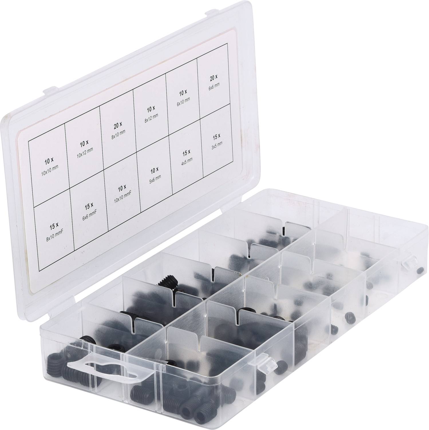 Boîte en plastique transparent avec 18 compartiments contenant différentes vis noires de diverses tailles. Une étiquette en haut répertorie les quantités et les tailles des vis contenues.