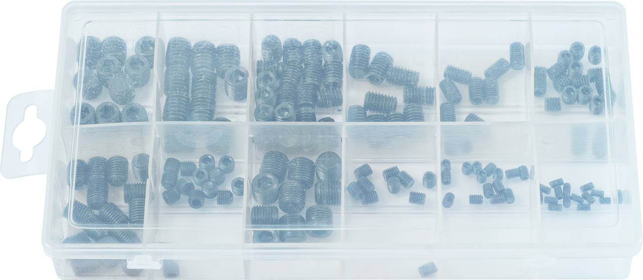 Boîte en plastique compartimentée, remplie de différentes petites pièces métalliques telles que des vis.