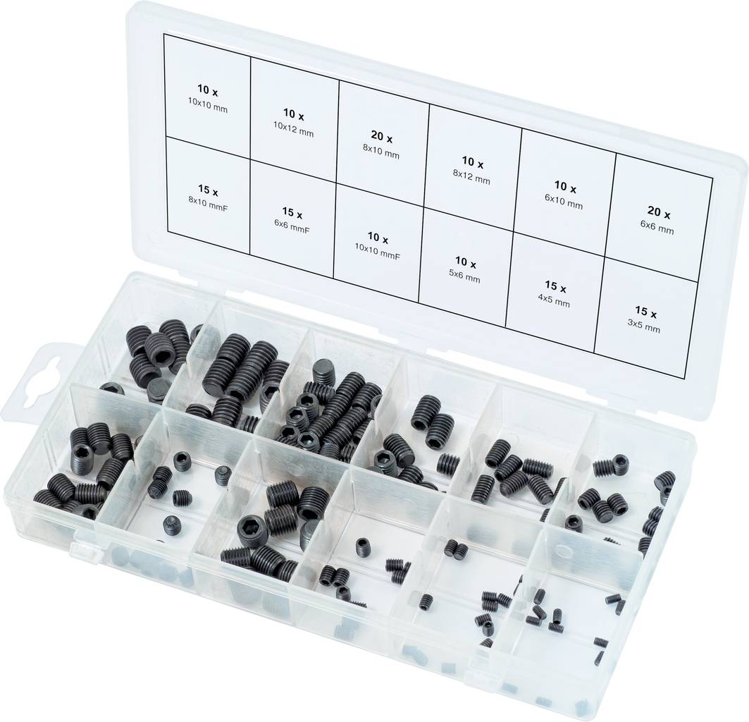 Boîte en plastique avec 20 compartiments, remplie de diverses vis de fixation noires. Le couvercle supérieur indique les dimensions en millimètres.