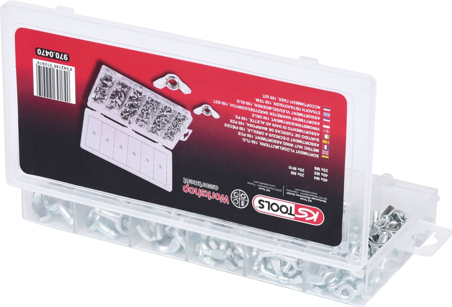 Boîte en plastique avec différents écrous métalliques, triés par compartiments.