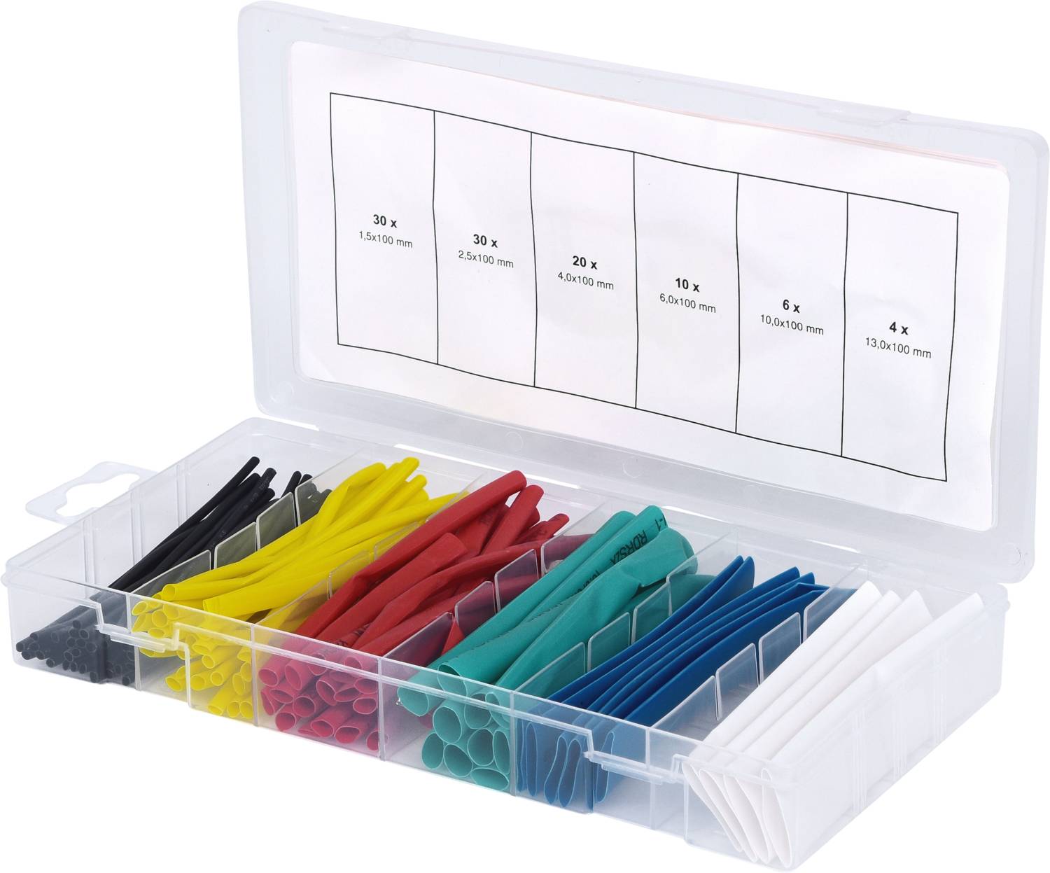 Une boîte transparente à compartiments multiples, remplie de gaines thermorétractables de différentes couleurs : jaune, rouge, bleue, verte, blanche, noire.