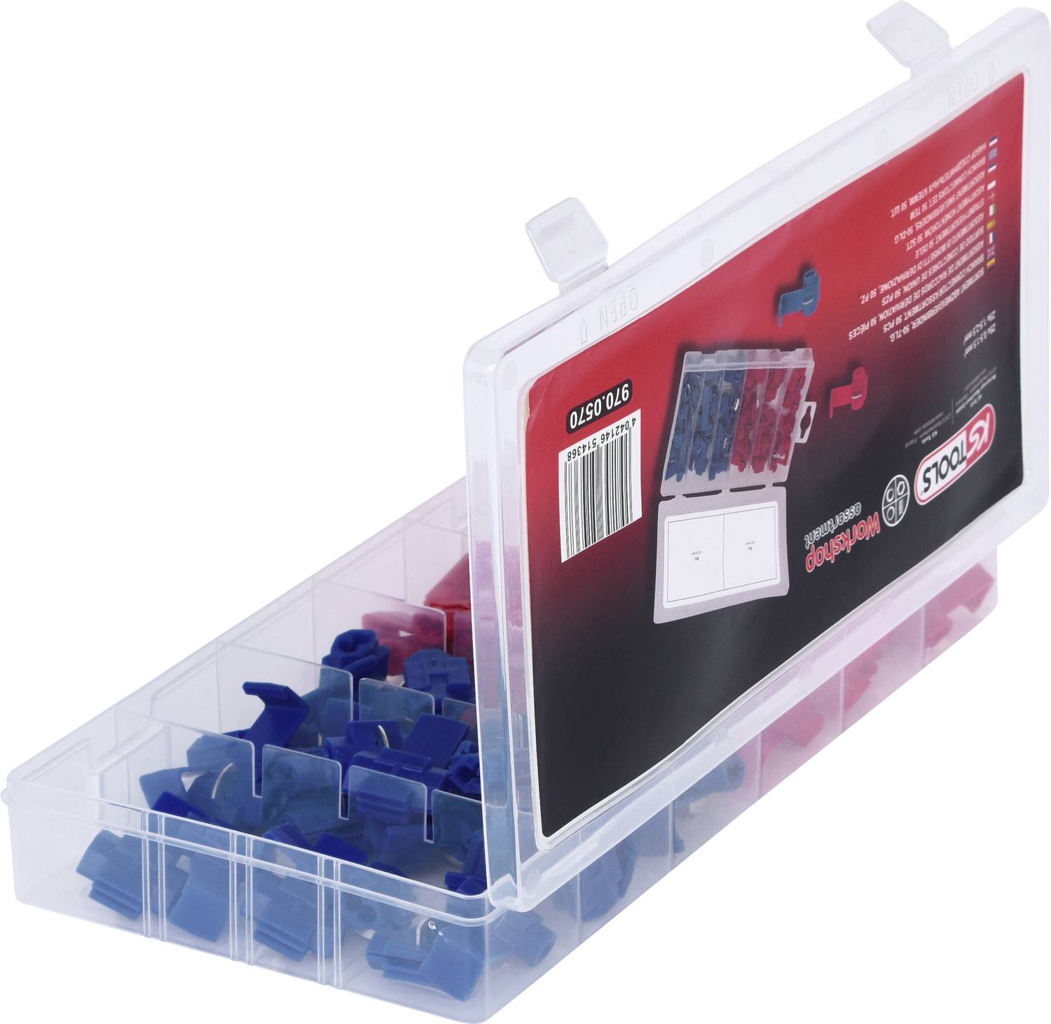 Une boîte en plastique transparent montre des pièces de connexion en plastique rouges et bleues. La boîte est partiellement ouverte.