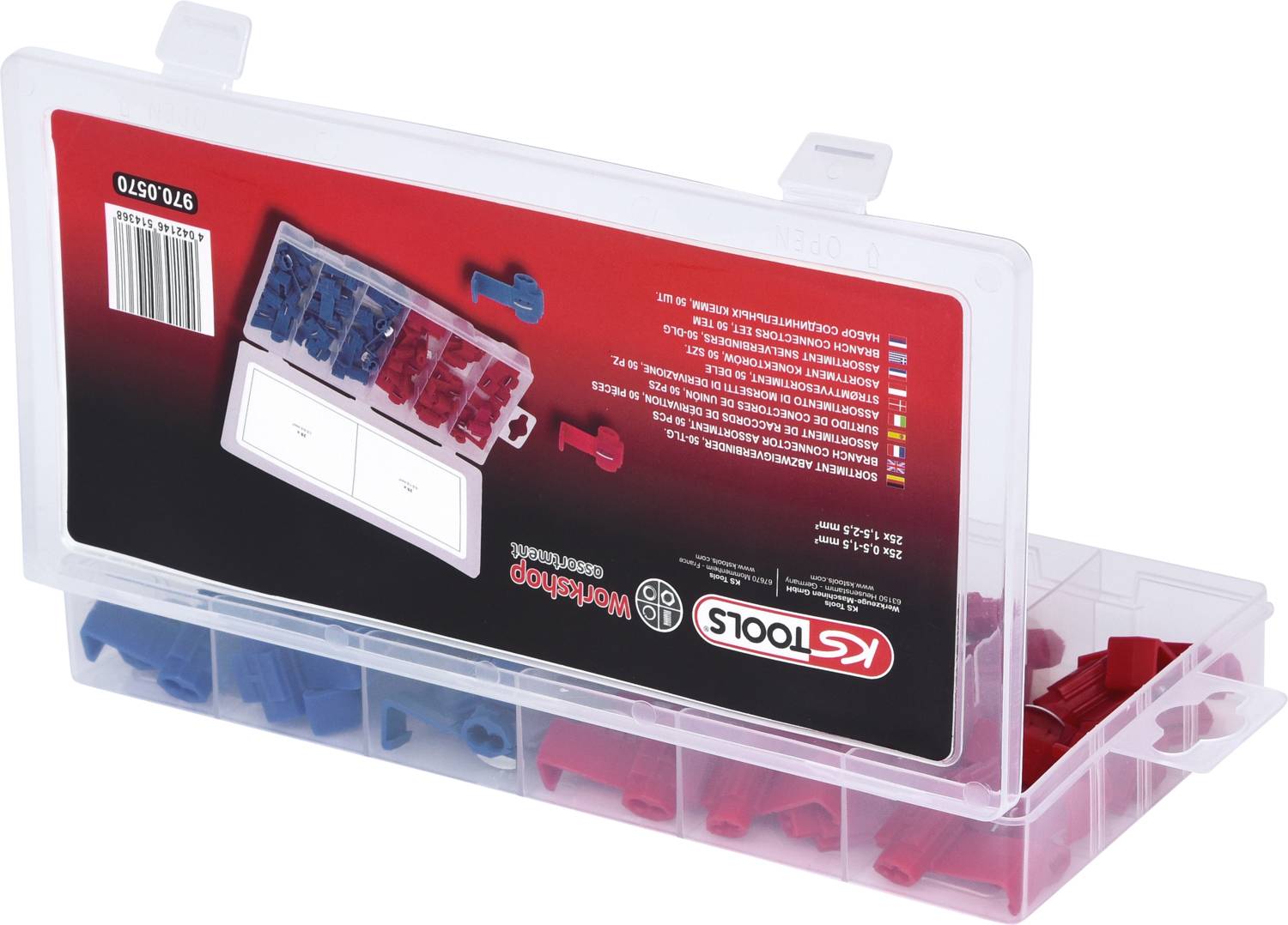 Une boîte en plastique transparent contenant des connecteurs de câbles automobiles en rouge et en bleu. L'étiquette affiche la marque 'KS Tools' et les détails du produit.