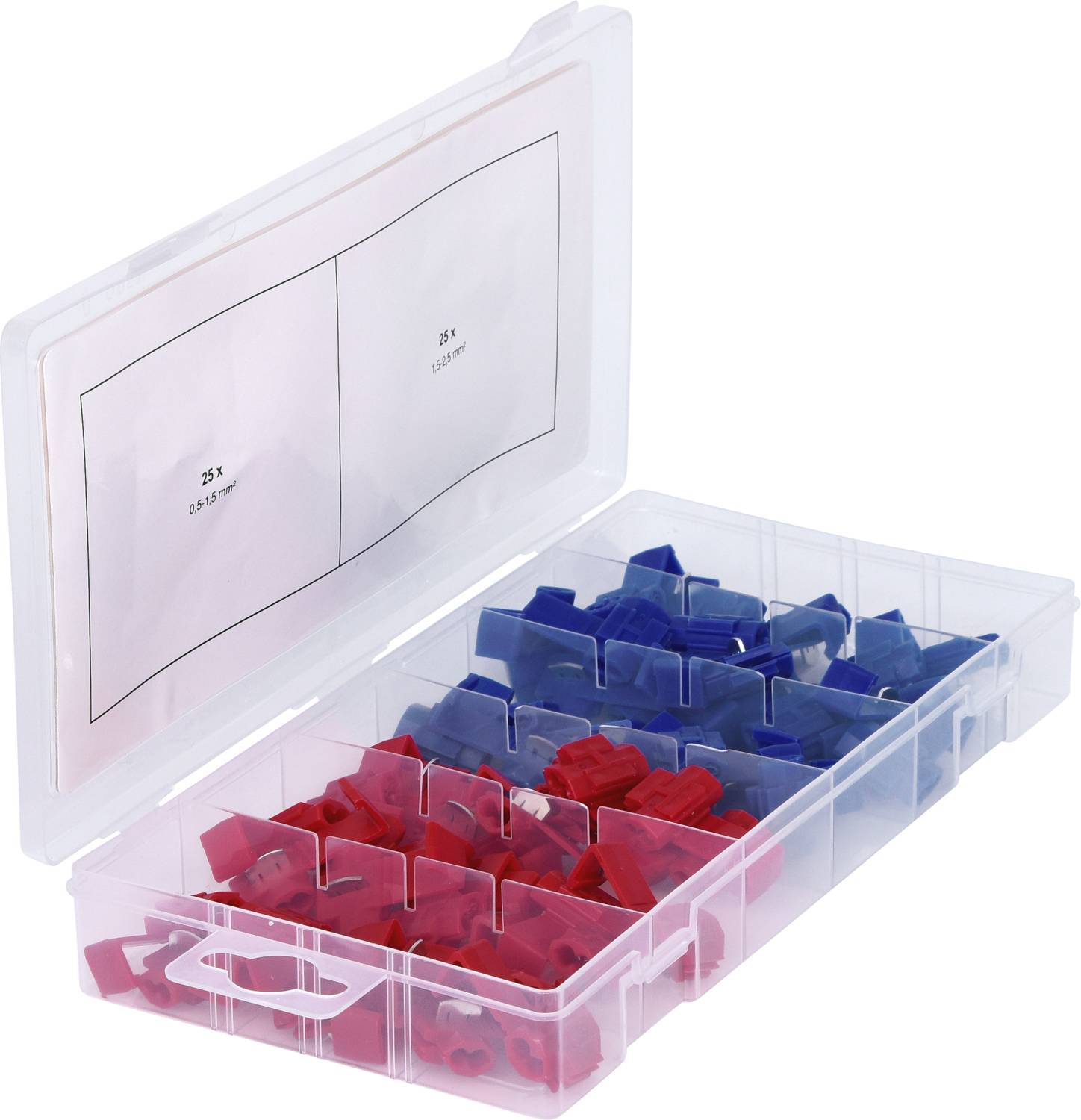 Boîte en plastique transparent avec des connecteurs rouges et bleus dans des compartiments séparés, ouverte, montrant différentes formes et tailles.