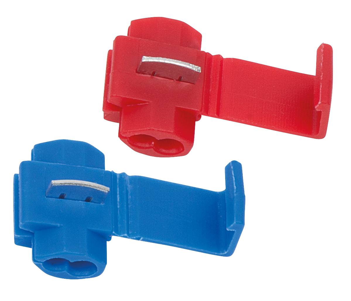 Deux connecteurs de câble en rouge et bleu côte à côte. Ils permettent de raccorder rapidement des câbles électriques sans souder.