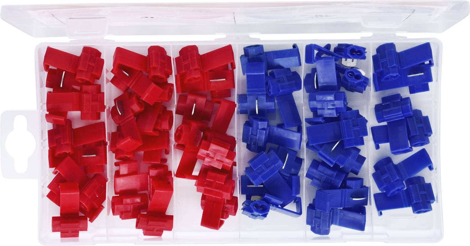 Pinces en plastique dans un organiseur, réparties en catégories rouge et bleue. Les rouges sont à gauche, les bleues à droite.