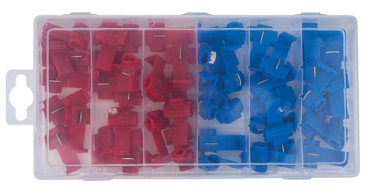 Un récipient en plastique transparent avec quatre compartiments contenant des connecteurs électriques rouges et bleus.