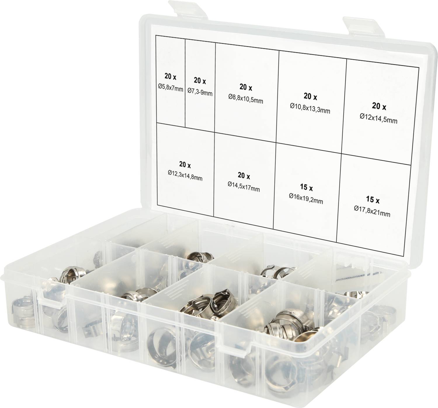 Boîte en plastique contenant 90 colliers de serrage de différentes tailles et compartiments. Adaptée à l'organisation et au rangement.