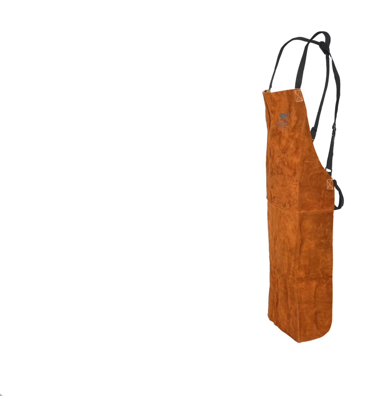 Tablier en cuir rouge foncé avec des sangles noires réglables. Protège le corps lors de travaux manuels.