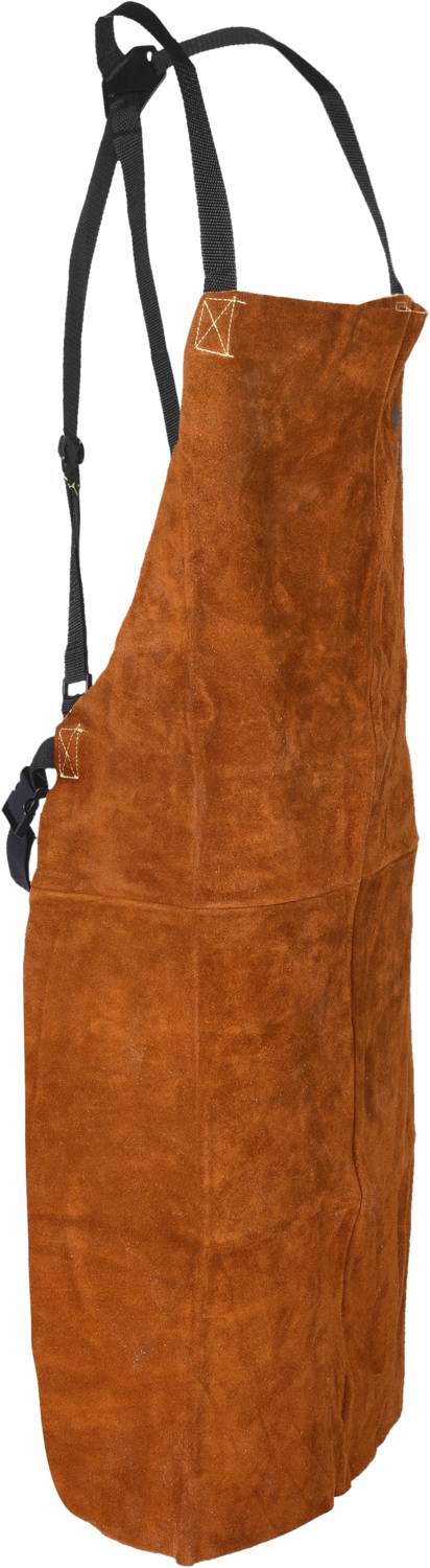 Tablier en cuir marron avec bretelles noires et boucle latérale, adapté pour une utilisation en cuisine ou dans un atelier.