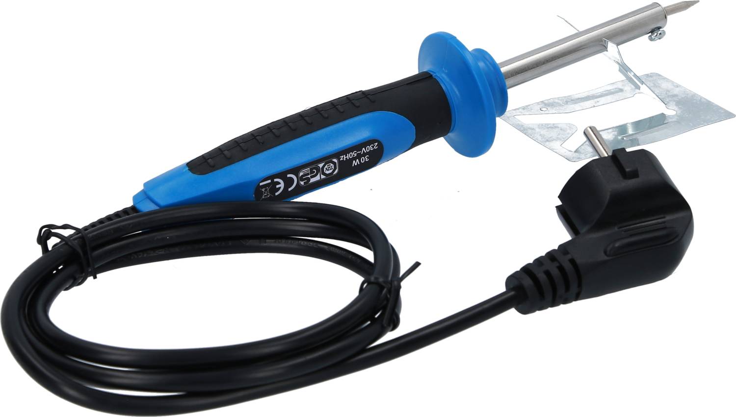 Fer à souder avec poignée bleue et câble noir. Il possède une pointe métallique pour souder et une fiche d'alimentation électrique.