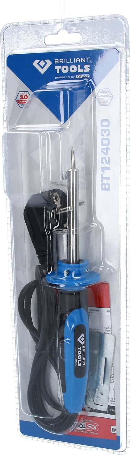 Coffret de fer à souder en blister, marque 'Brilliant Tools', modèle BT020300, comprenant un fer à souder, un câble et un support.