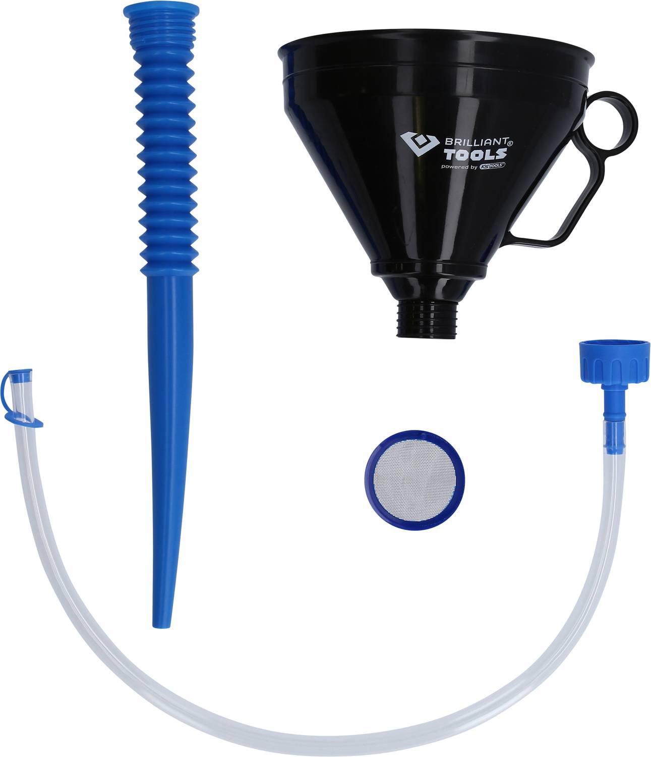 Un entonnoir bleu avec passoire, bec flexible, tuyau et adaptateur pour un versement précis, adapté aux liquides dans différents contenants.