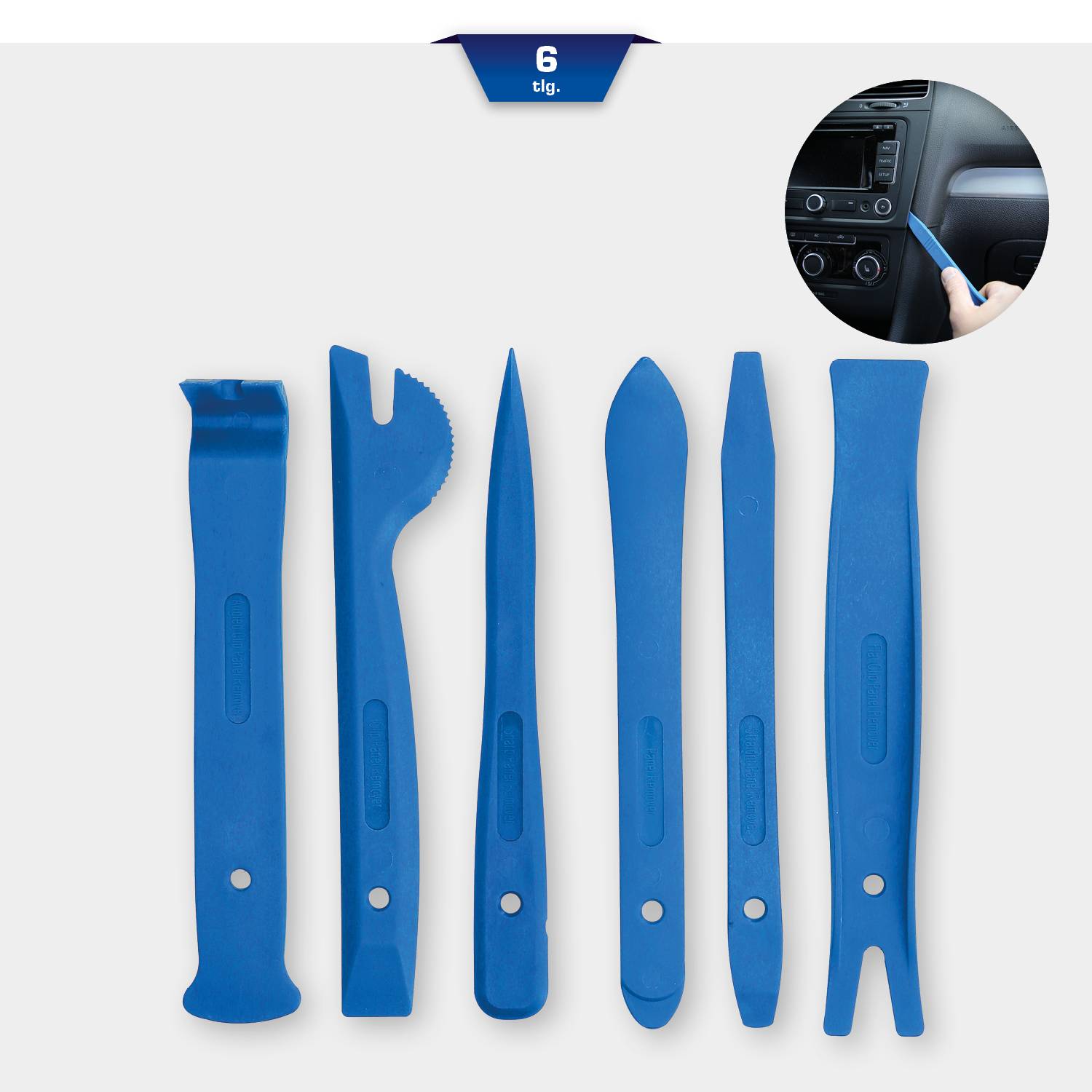 Ensemble d'outils en plastique bleu en six pièces, adapté pour déposer les garnitures et habillages intérieurs de voiture sans causer de dommages.