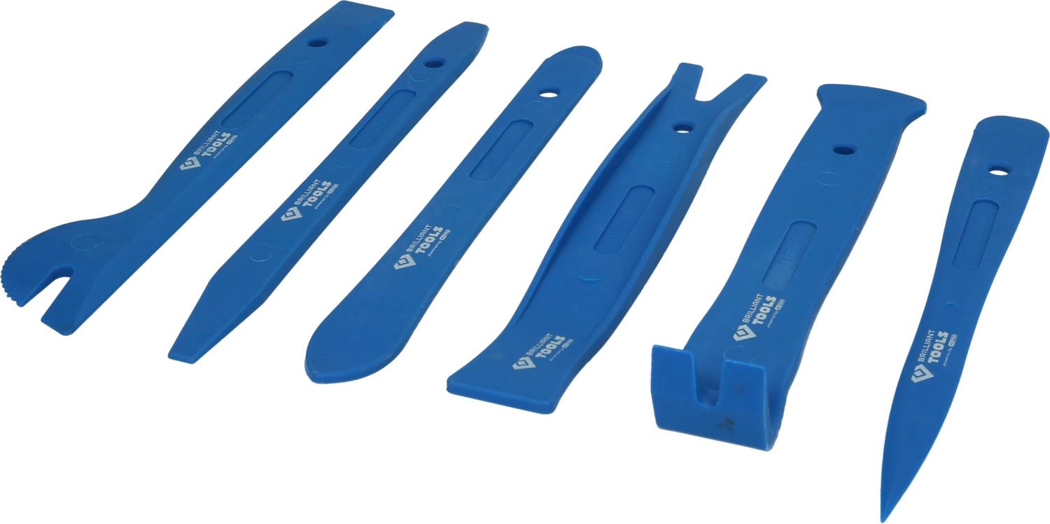 Six outils de démontage en plastique bleu de différentes formes, conçus pour le démontage délicat des pièces automobiles.