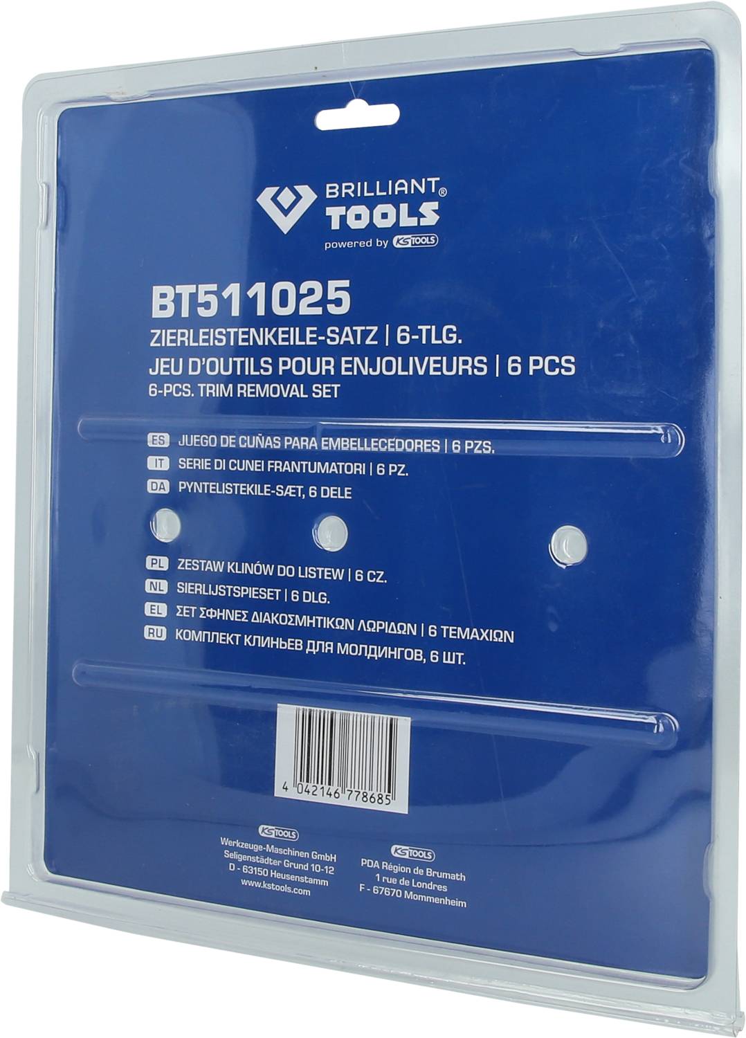 Un blister vide pour outils portant l'inscription « Brilliant Tools BT511025 Jeu de cales pour garnitures / 6 pièces ».
