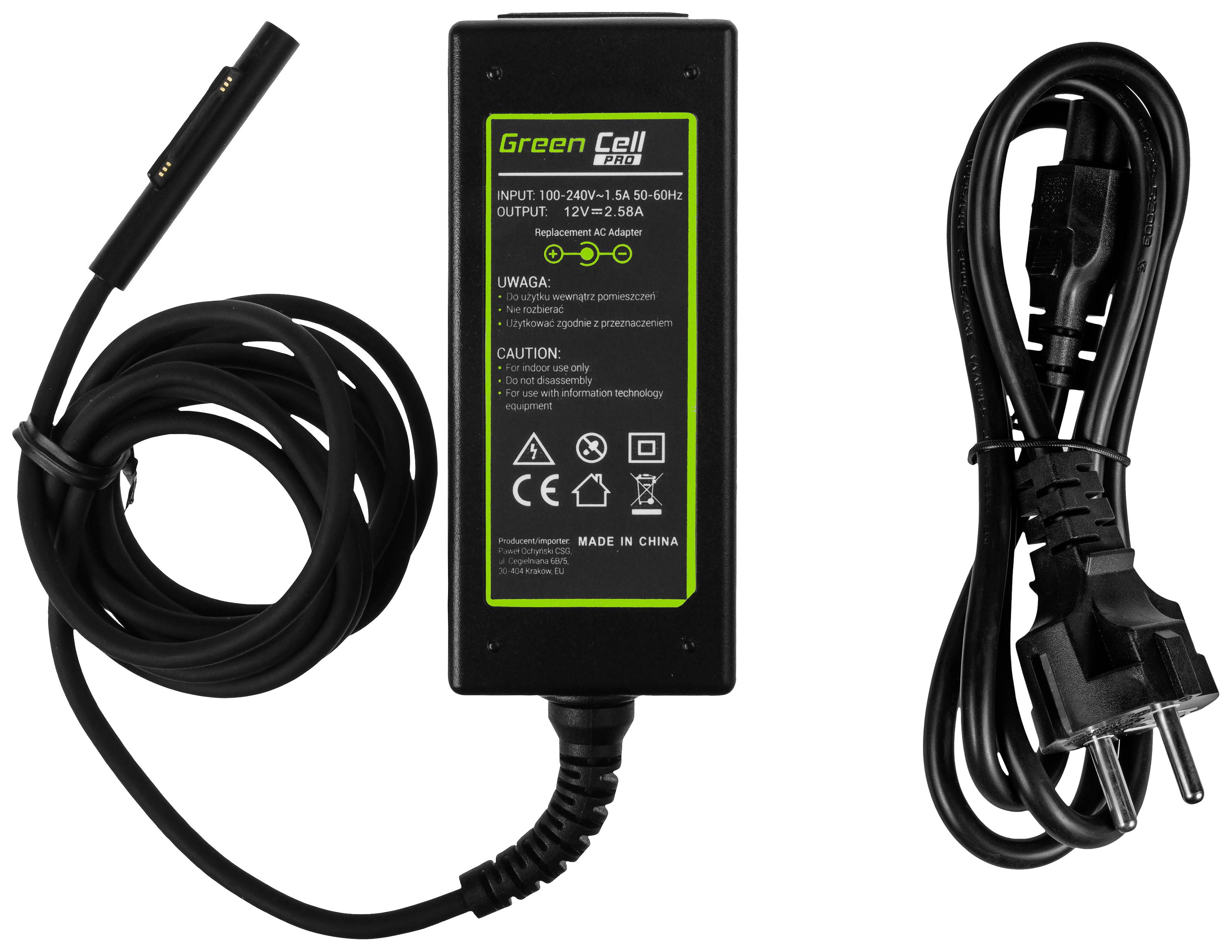 Chargeur d'ordinateur portable 'Green Cell' avec câble secteur, puissance d'entrée 100-240V~1.5A, sortie 12V 3.5A. Design noir, fiche européenne.