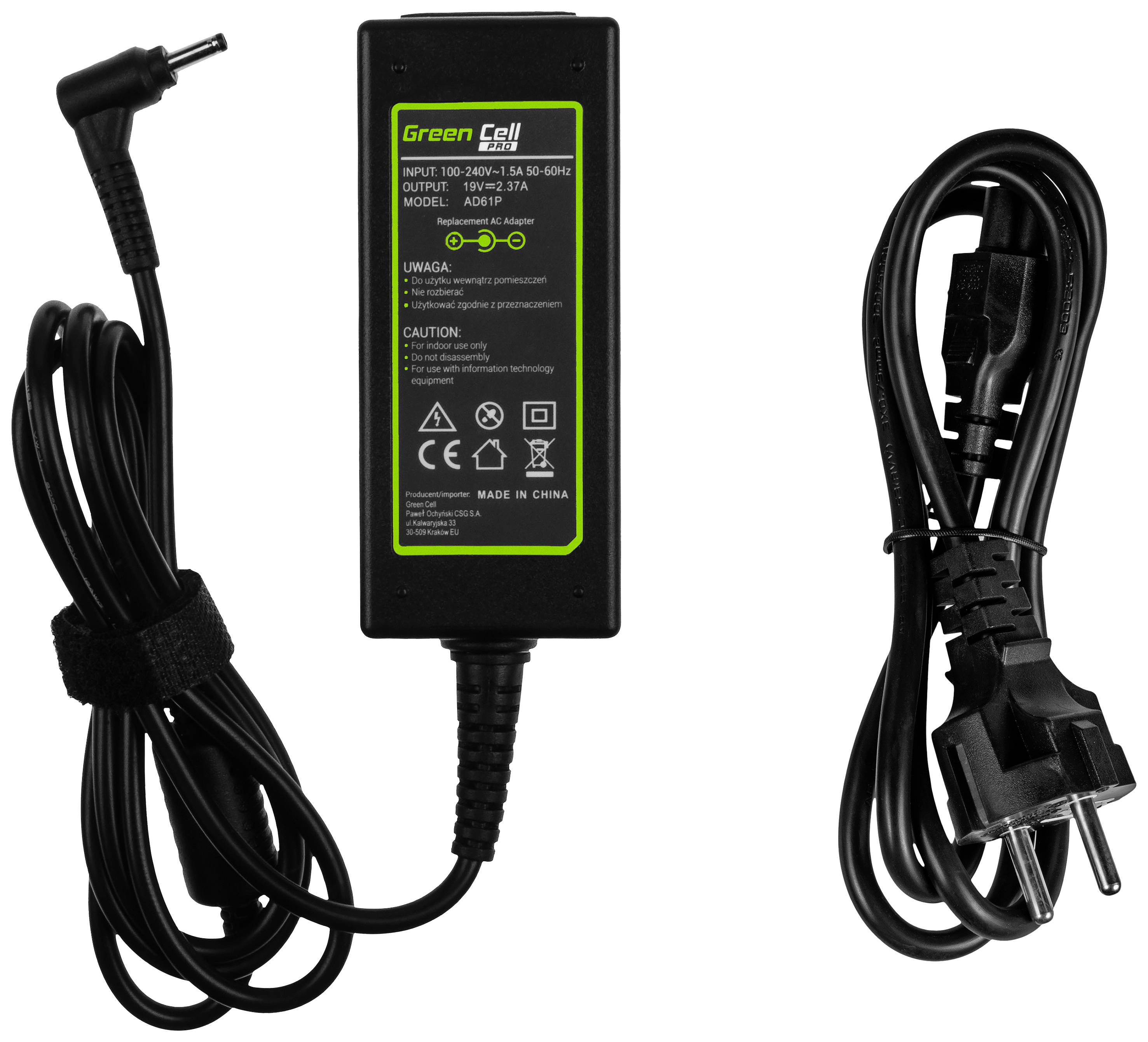 Bloc d'alimentation noir et jaune pour ordinateur portable avec câbles. À gauche : connecteur pour l'ordinateur portable. À droite : câble d'alimentation avec fiche secteur.