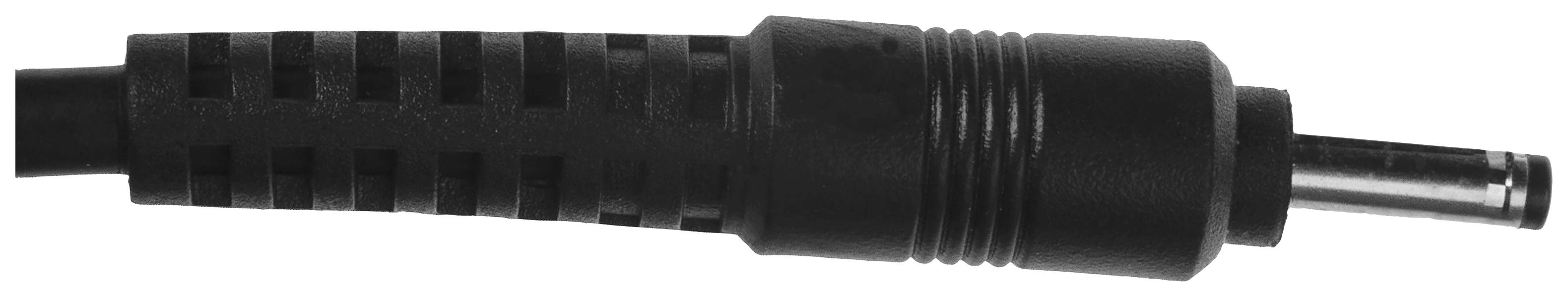 Connecteur DC noir pour appareils électroniques, avec poignée striée et embout de contact argenté.