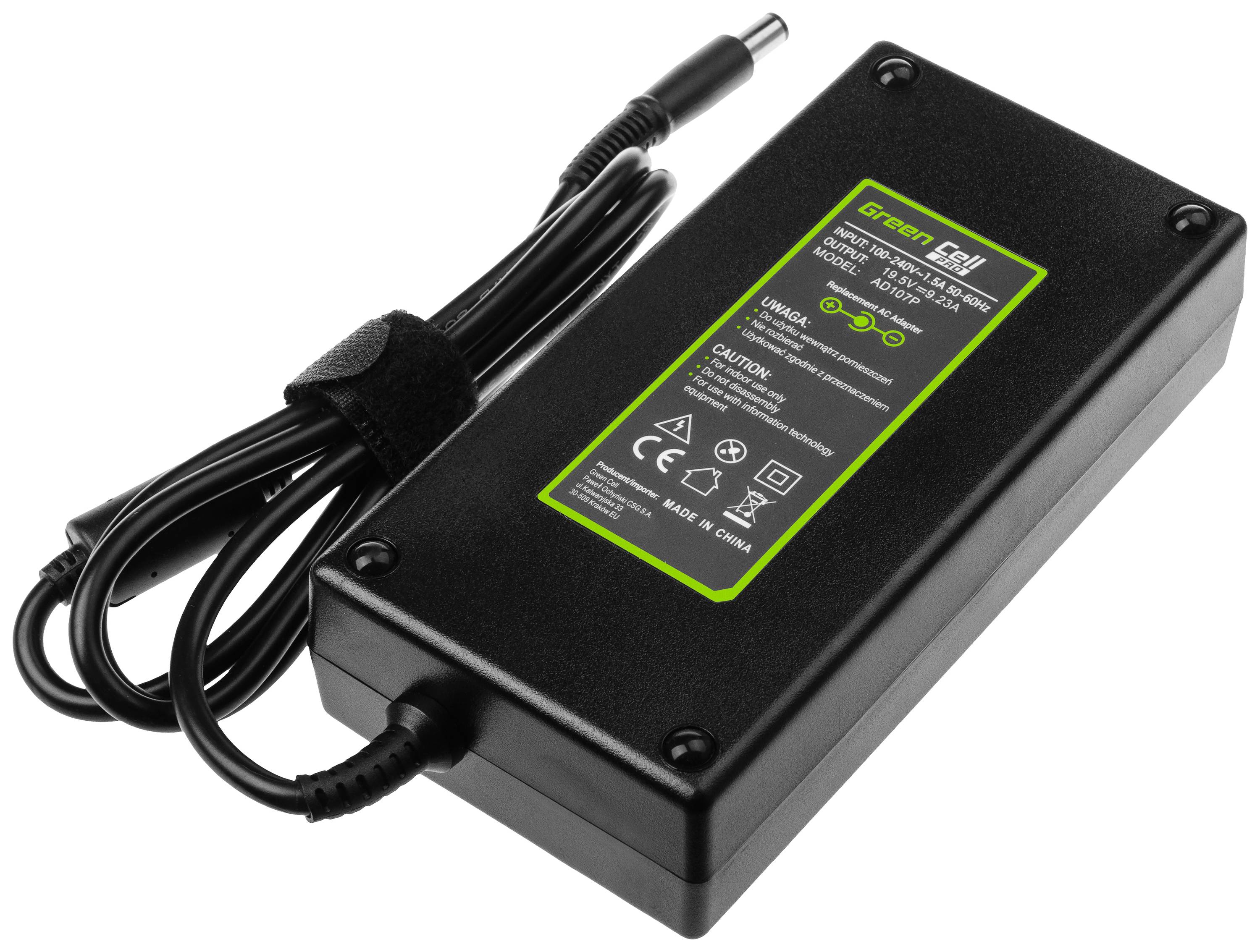 Bloc d'alimentation noir avec câble, portant l'étiquette 'Green Cell', contenant des spécifications techniques et des symboles d'instructions d'utilisation.