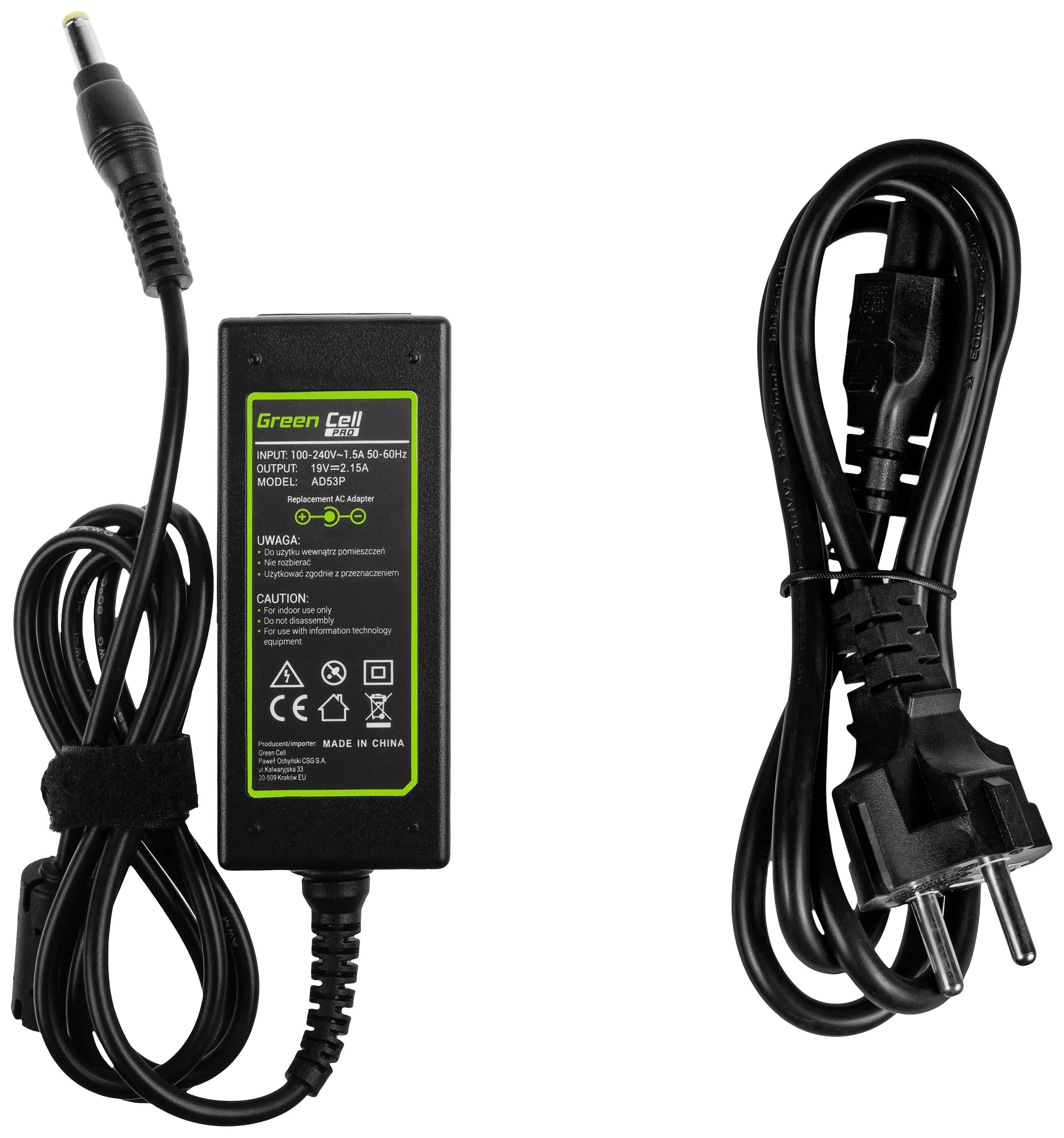 Adaptateur secteur pour ordinateur portable avec câble, modèle Green Cell ADPC-36-85. Entrée : 100-240V, 1,8A, 50-60Hz. Sortie : 19V, 4,74A, 90W.